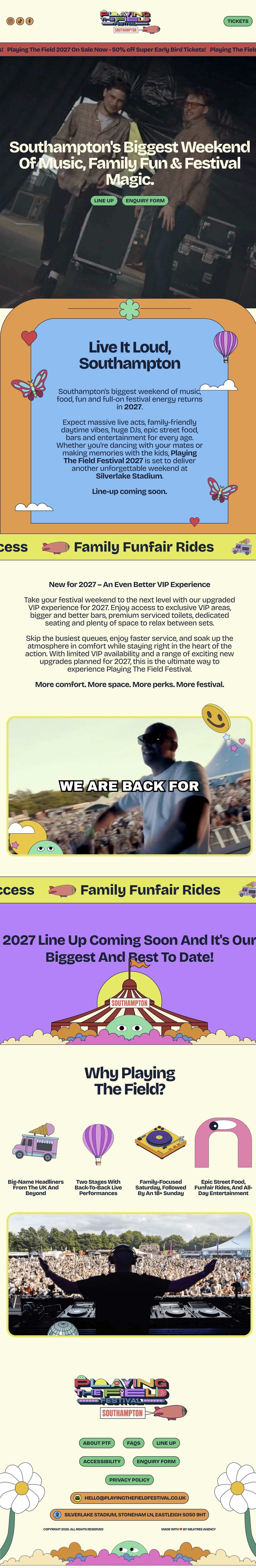 Full-page Playing the Field homepage screenshot, from header to footer